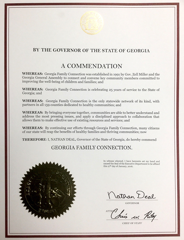 Commendation for 25 years of service from Gov. Nathan Deal